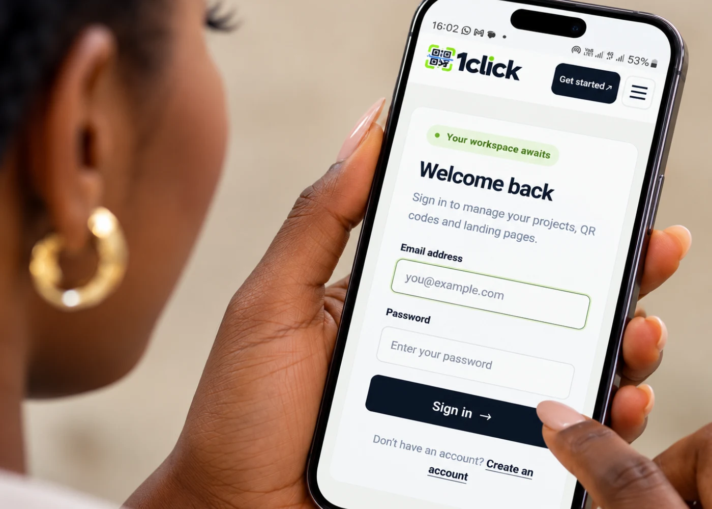 1CLICK account sign-in and registration interface