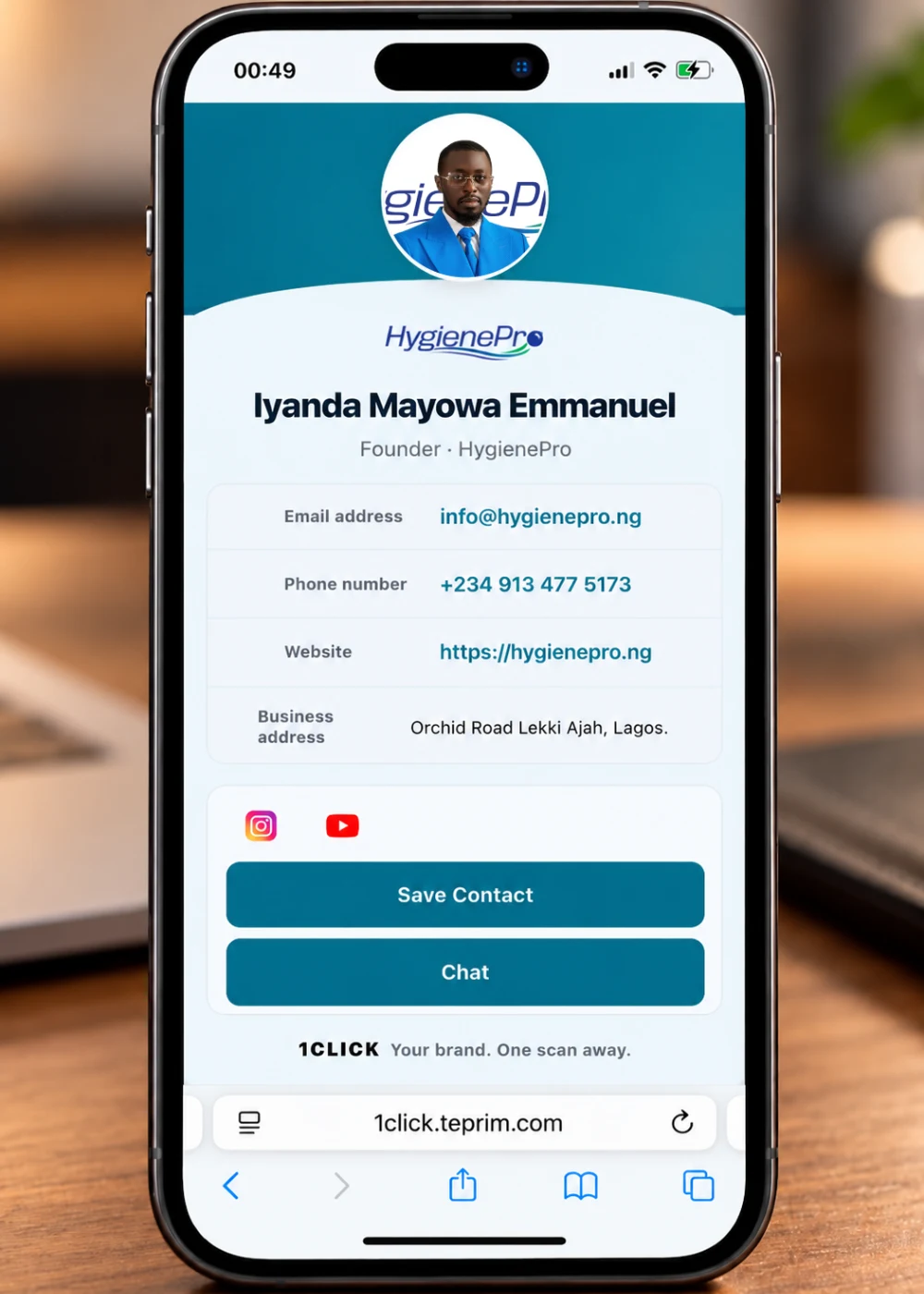 Example of a 1CLICK digital business card with its mobile contact landing page
